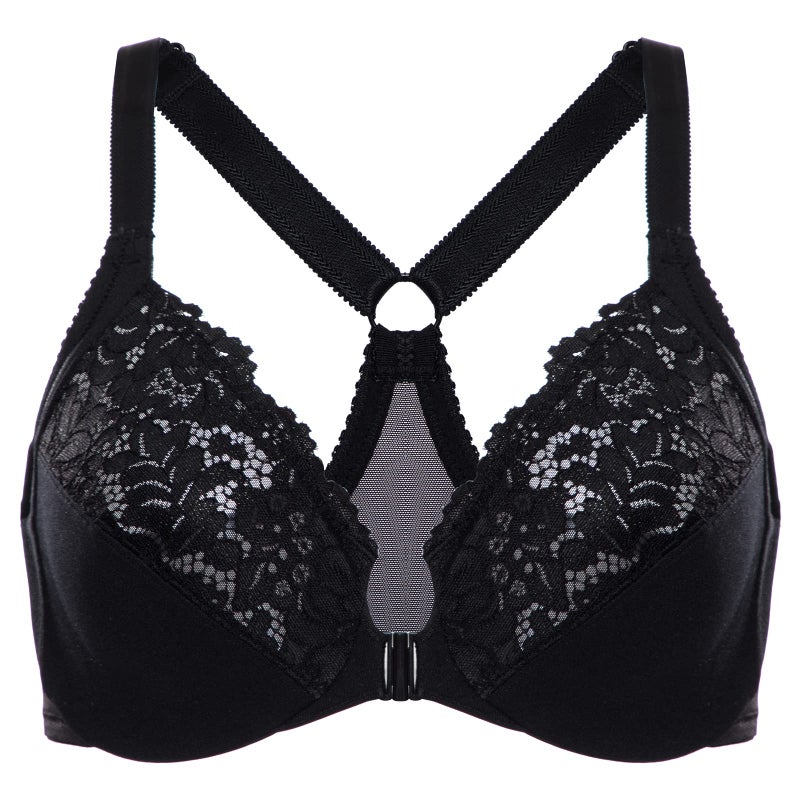 DELIMIRA Women's Front Closure Plus Size Full Coverage Lace Underwire Racerback Bra Black 46DD - Image 1